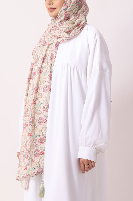 Cream Rose Floral Print Cotton Hijab