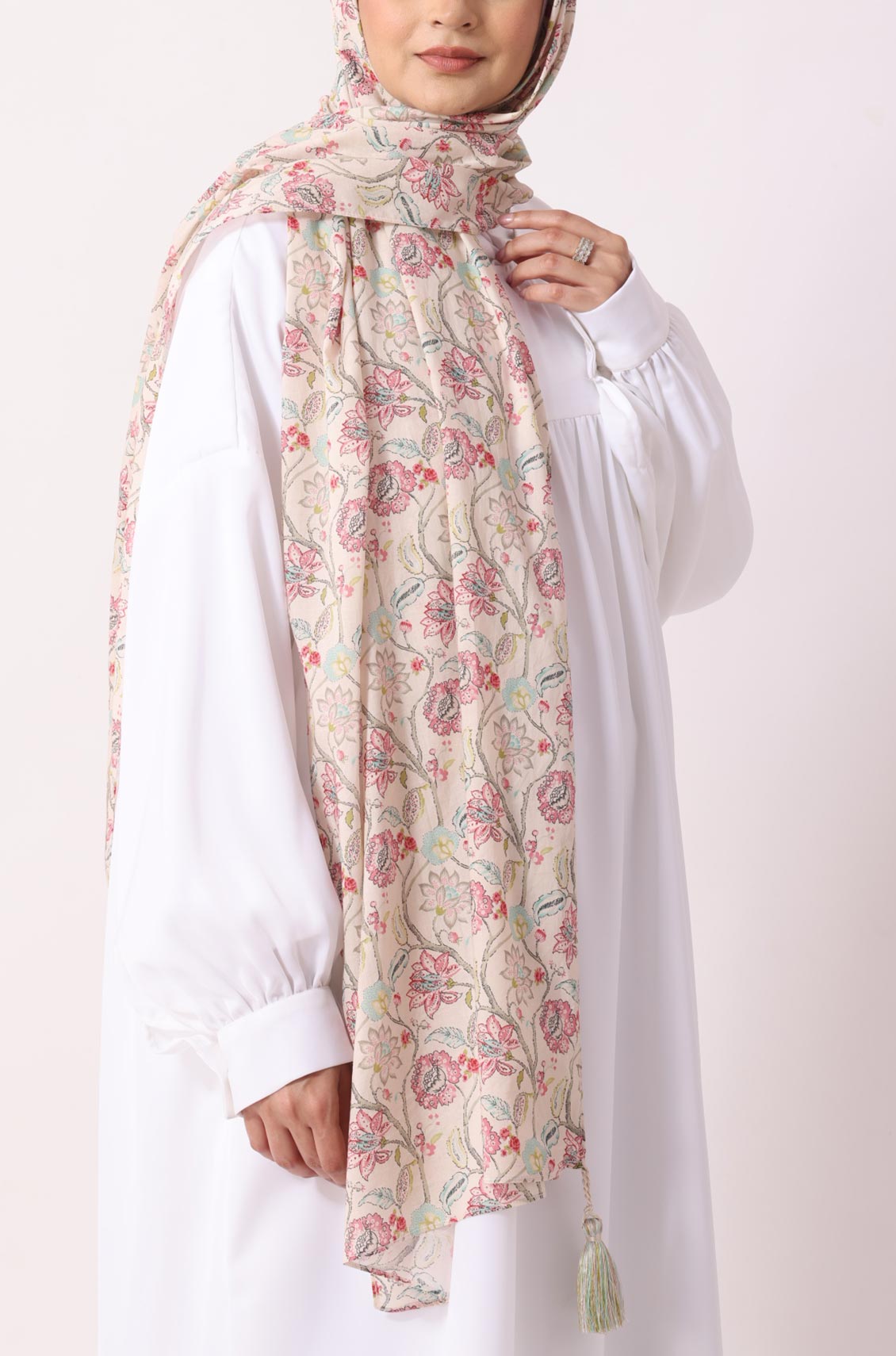 Cream Rose Floral Print Cotton Hijab