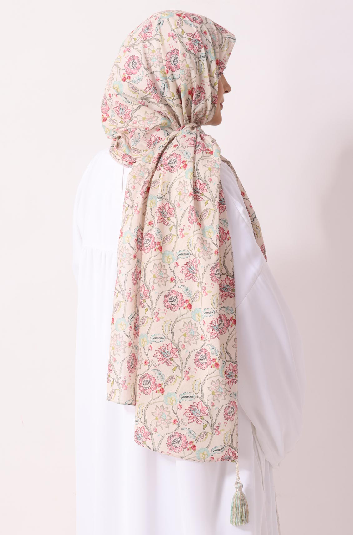 Cream Rose Floral Print Cotton Hijab