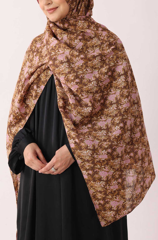 Brown Pink Flora Print Modal Hijab